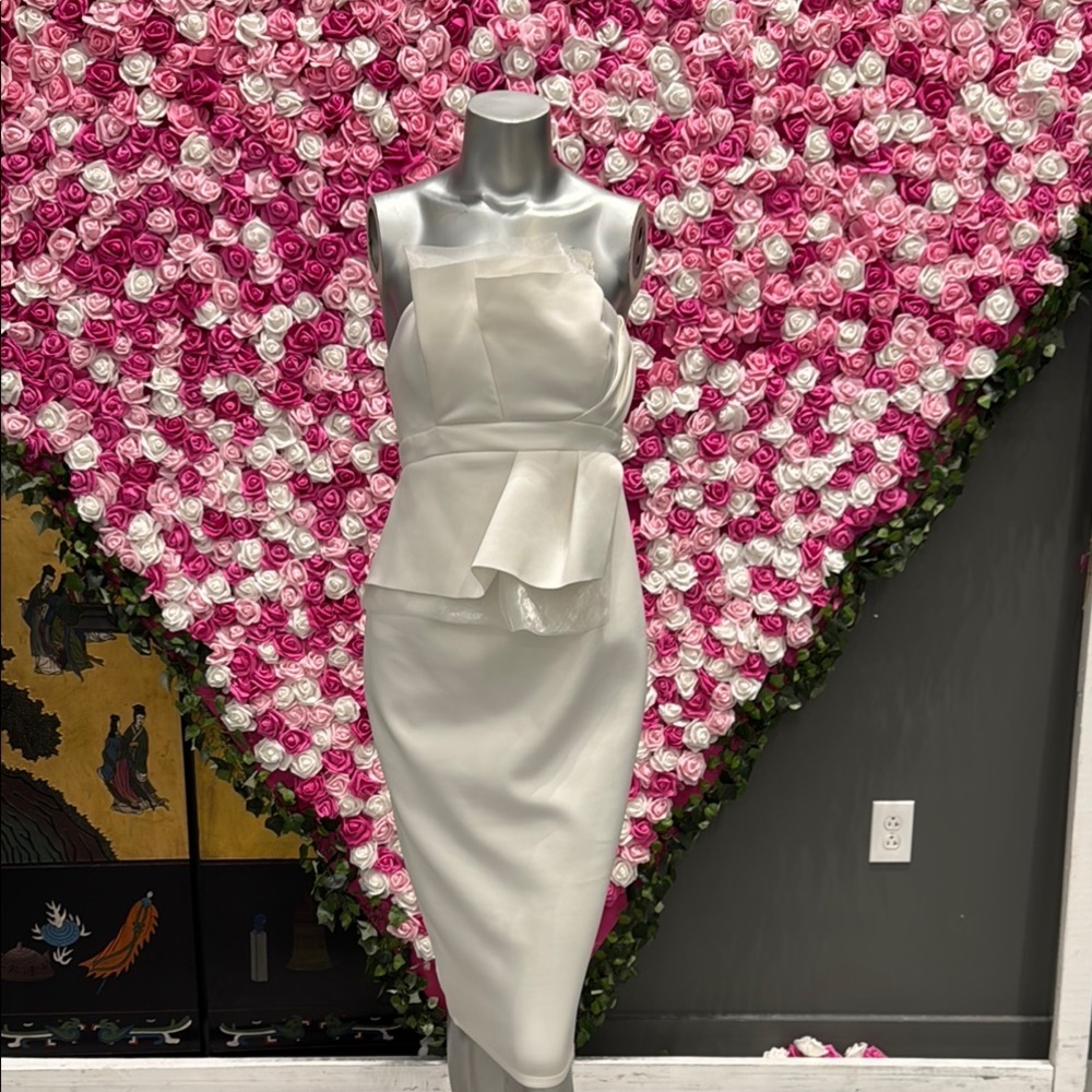 ASOS White Strapless Peplum Midi Dress Size 4 Wedding Guest Cocktail